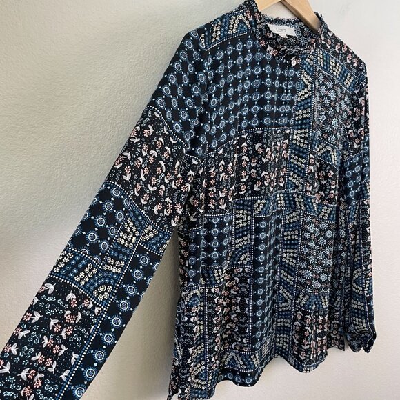 Loft Womens Medium Patchwork Back Peplum Blouse Long Sleeve Shirt Top - Picture 9 of 12